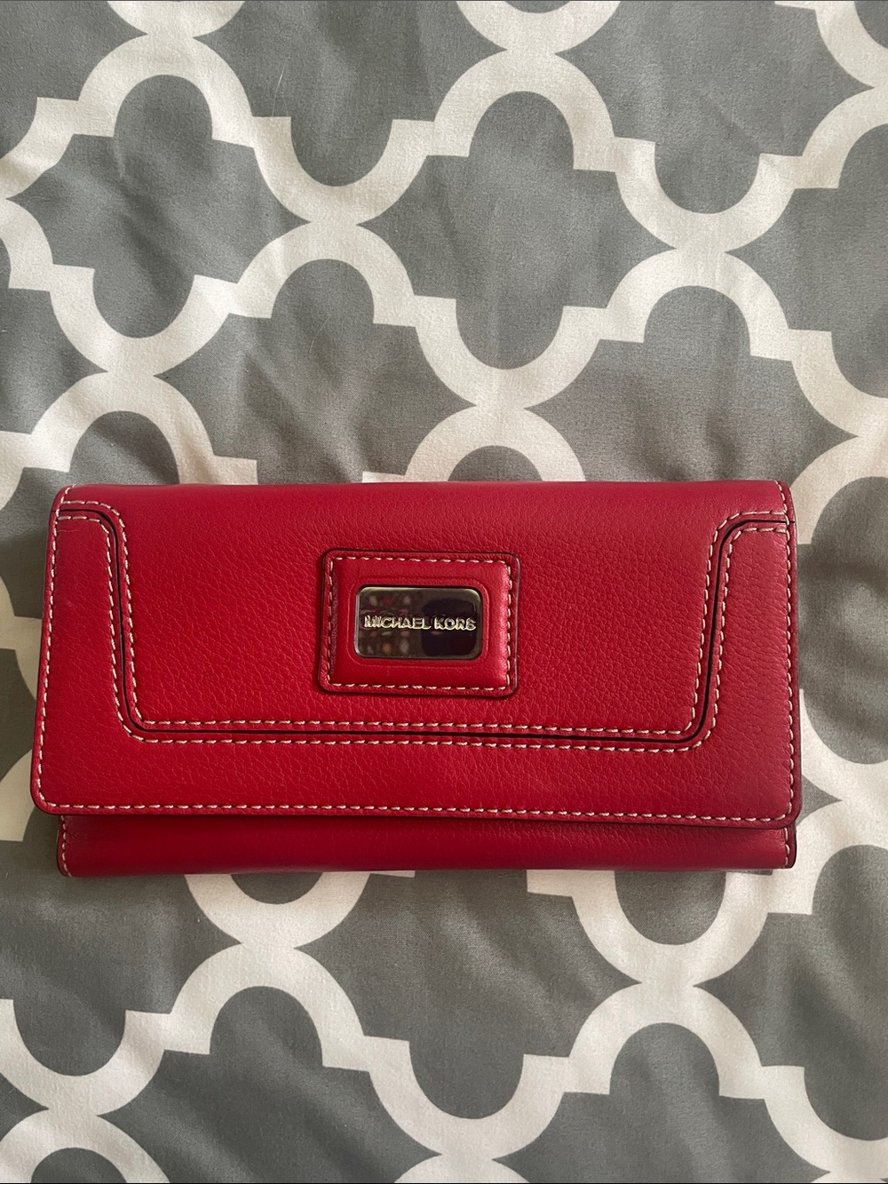 Vintage Michael Kors Red Leather Wallet with Silver Logo Plaque very spacious